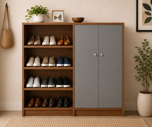 SHOE RACK WITH DOORS AND OPEN SHELF