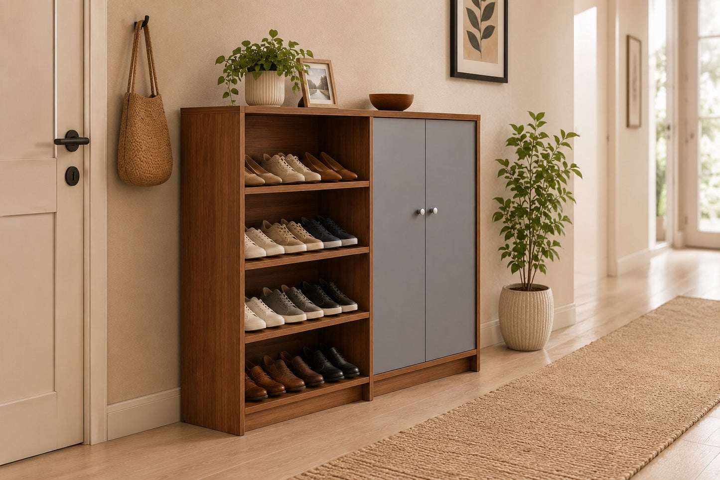 SHOE RACK WITH DOORS AND OPEN SHELF