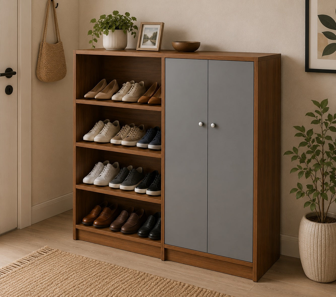 SHOE RACK WITH DOORS AND OPEN SHELF