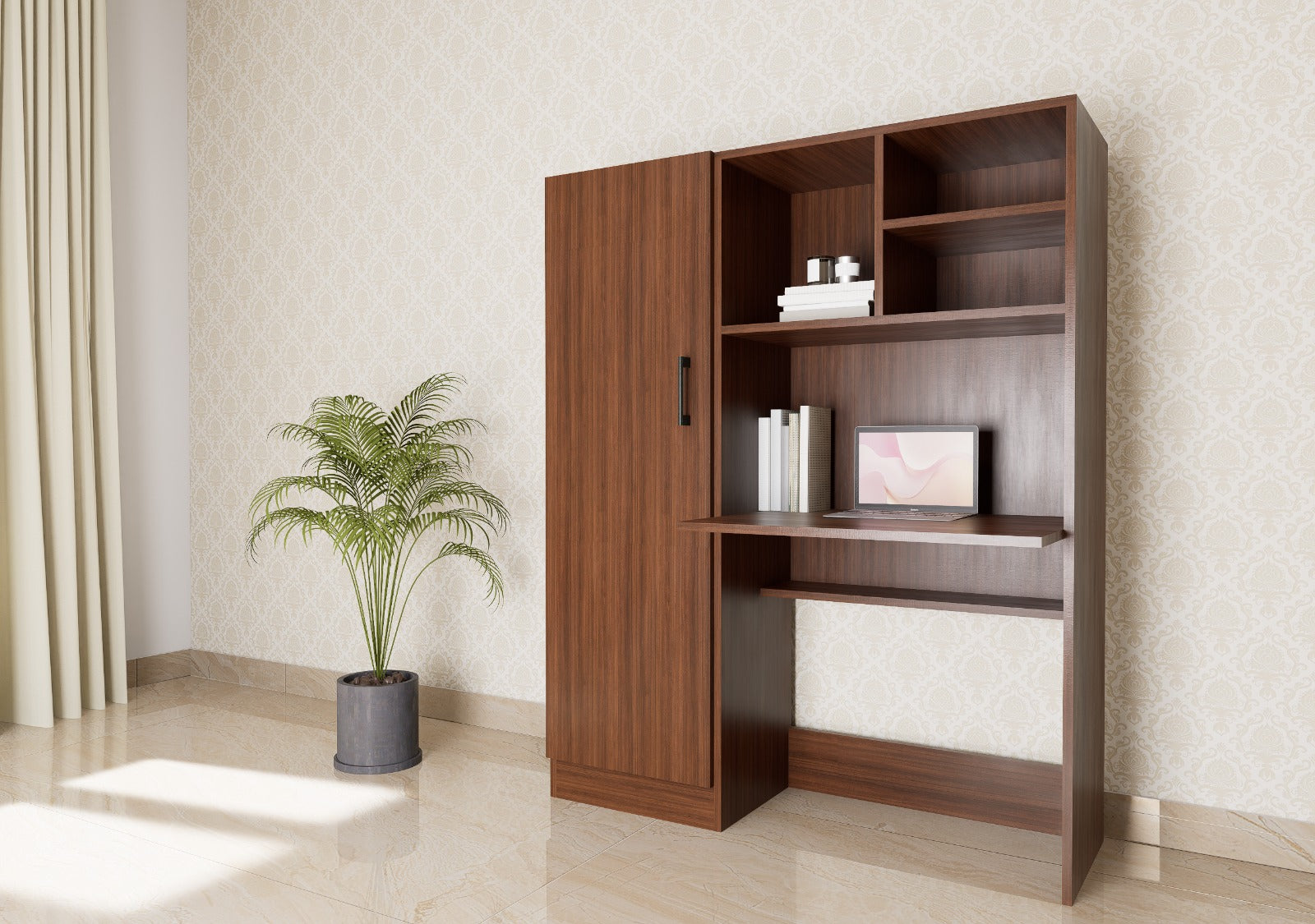 Modern wooden study table with wardrobe, open shelves, laptop workspace, and storage cabinet in walnut finish – ideal for home office, study room, or bedroom."
